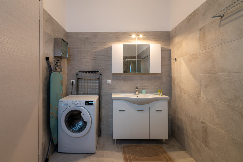 The bathroom with the washing machine of Tanya's house