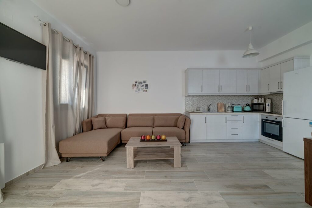 The living room and the kitchen