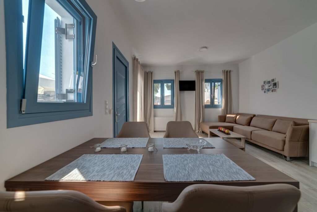 The dining table and the living room