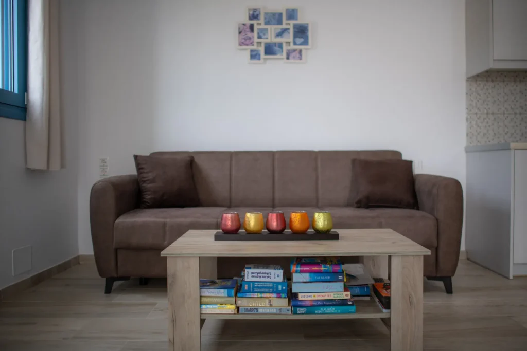 The sofa and coffee table in the living room