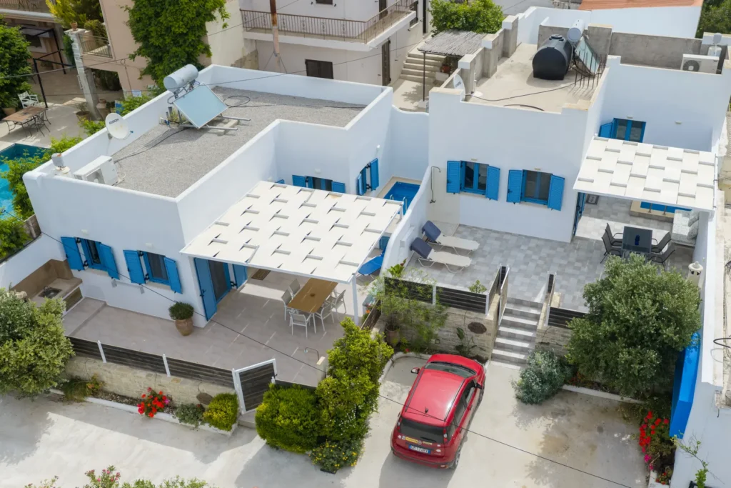 The houses from above, with parking in front